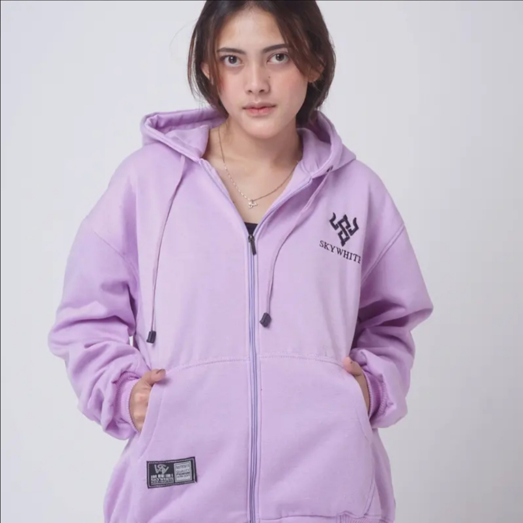 SKY WHITE HOODIE SWEATER ZIPPER PRIA WANITA BAHAN TEBAL BORDIR TIMBUL / JAKET PRIA WANITA VIRAL TERBARU