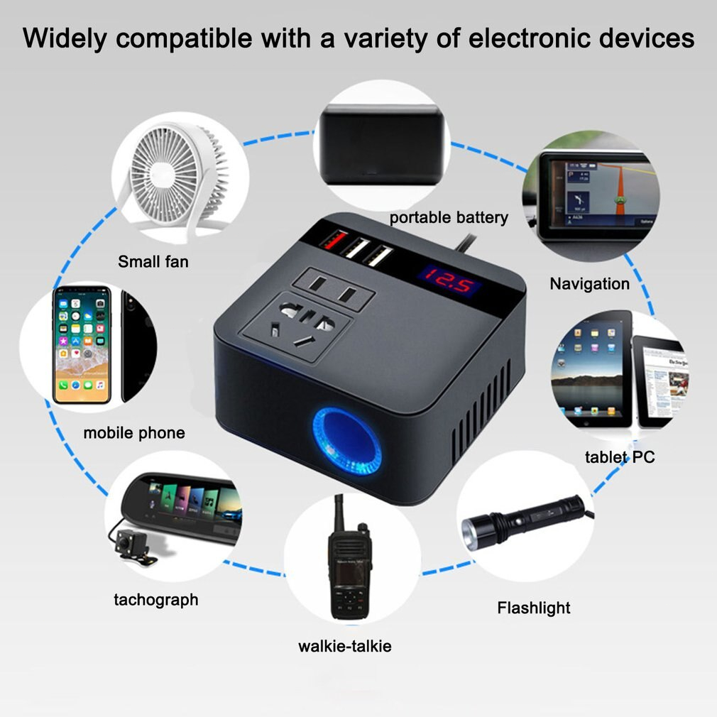 (Dikirim Dari Jakarta) Car Power Inverter 12V/24V ke 110V/220V 150W - 3 USB Port -Soket Konverter Daya Mobil Multifungsi Pengisi Daya Cepat USB Inverter mobil