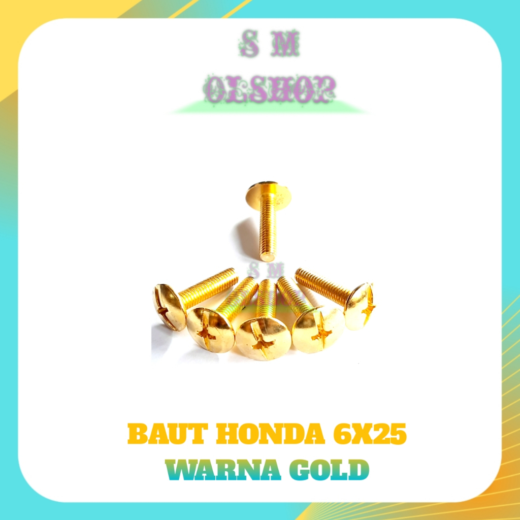 10 Baut Bodi Honda GOLD 6x25 Baut Body Honda Warna GOLD Baut Cover Body Samping Motor Honda Mega Pro Supra Kharisma Ukuran 6x25