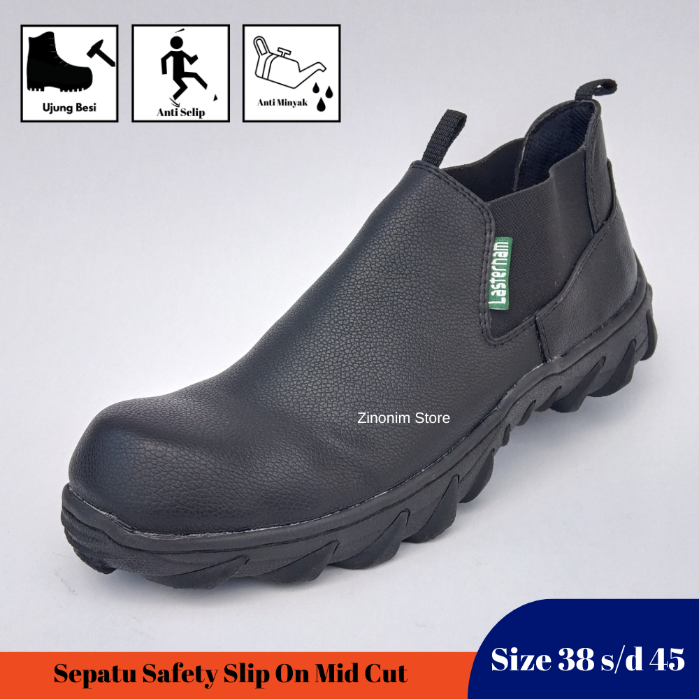 Sepatu Sefty Pria Ujung Besi Slip On Mid Cut Tanpa Tali Hitam Kerja Ukuran 38 39 40 41 42 43 44 45 Zinonim Store