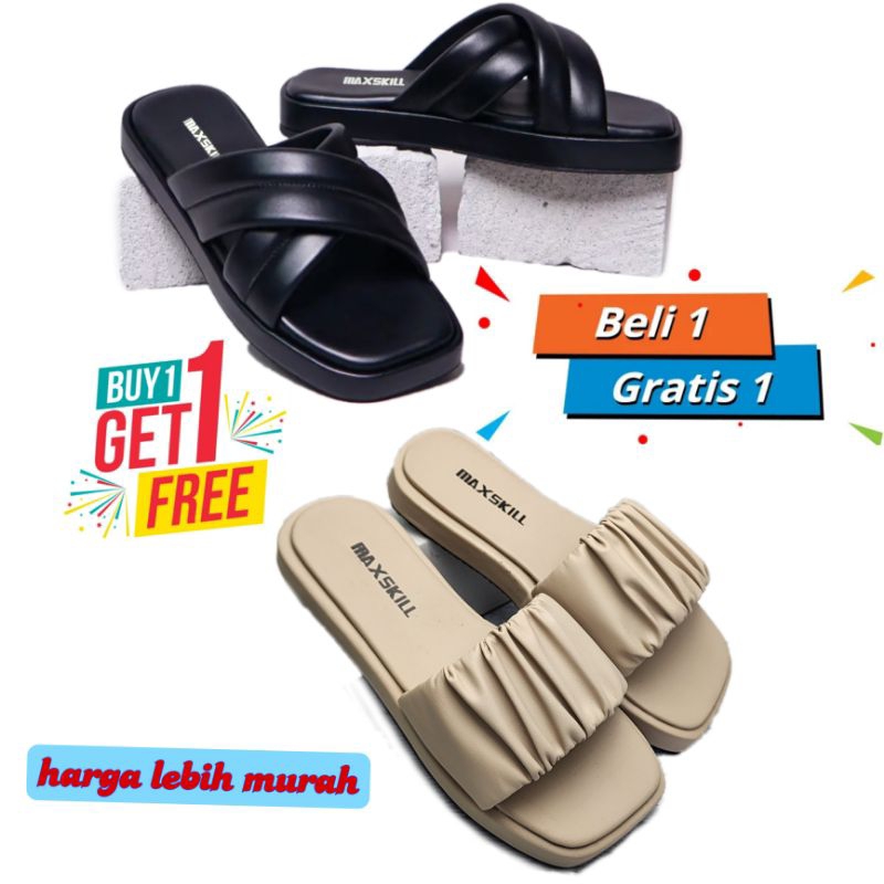 buy 1 get free 1 ( beli 1 gratis 1 ) sandal wanita slop silang maxskill desain simpel style Korea