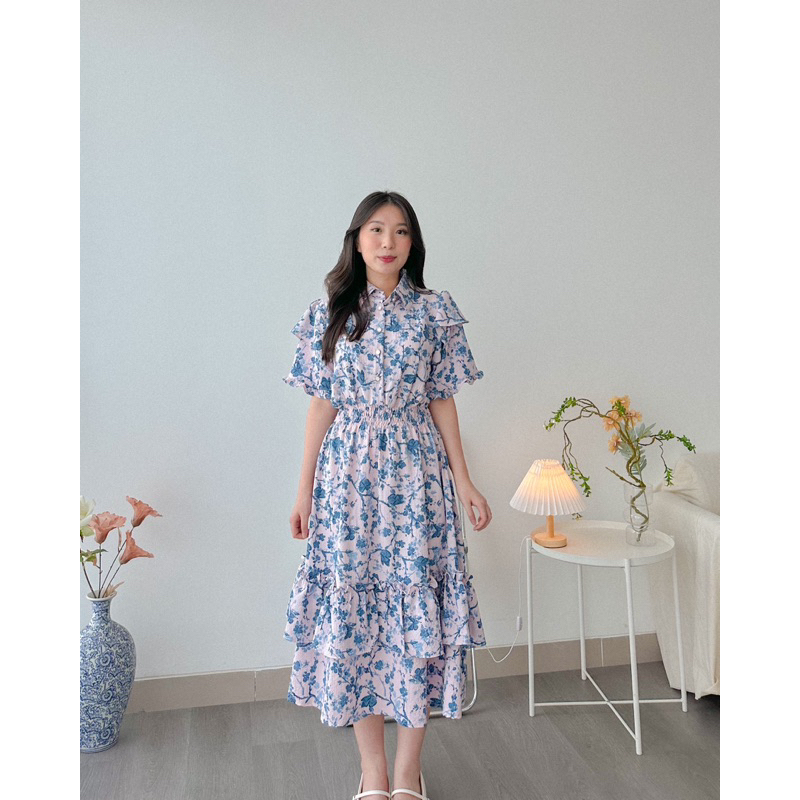 KANON - Siren Crinkle Dress - Dress pantai / musim panas midi vintage korean look motif bunga