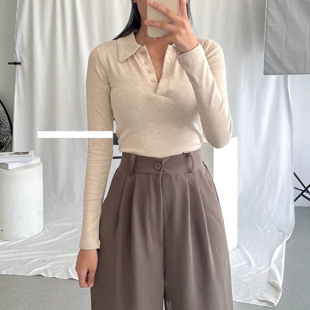 TRIVELA Calliope Top 2148 - Kaos Polo Knit - Kaos Lengan Panjang - Tara 039 NKD - Kaos Wanita Long Sleeves