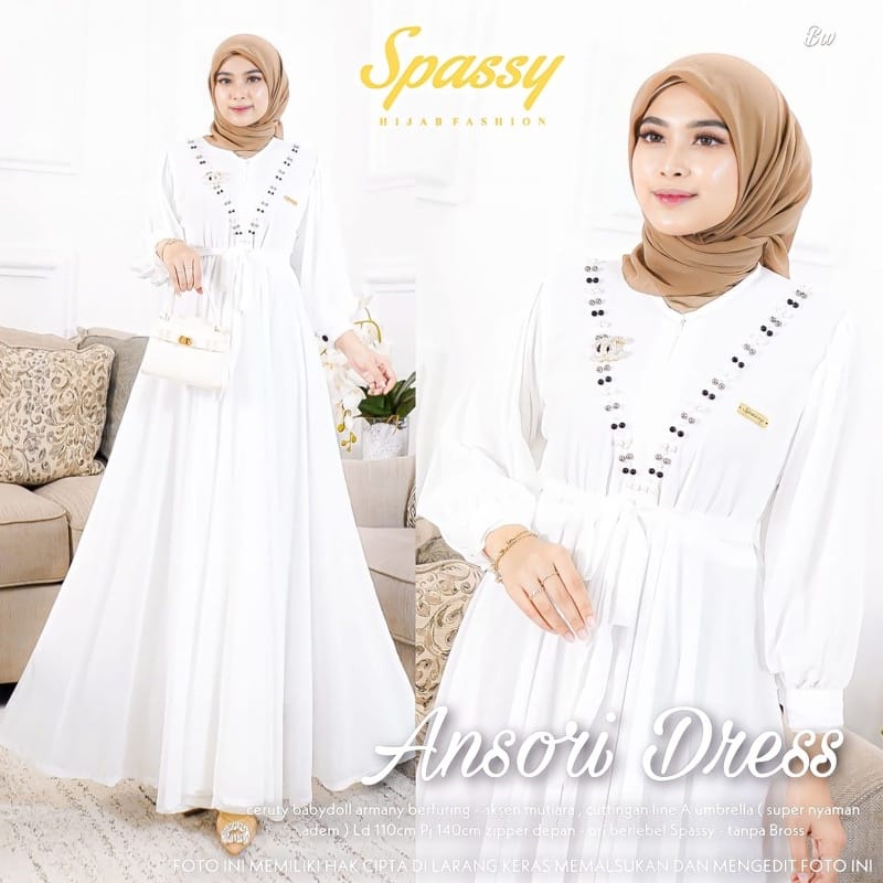 Ansori Dress Kondangan Sage Gamis Wanita Kekinian Busui Friendly Gaun Pesta Muslimah Ceruty Babydoll Aksen Mutiara Baju Wanita Jumbo