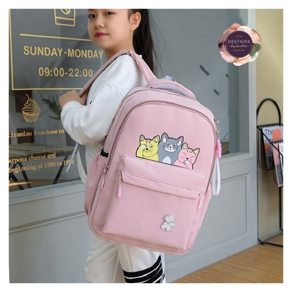 Tas Ransel Sekolah Anak Perempuan Untuk Sd &amp; Smp Model 3 Little Cat Free Botol Minum Lucu