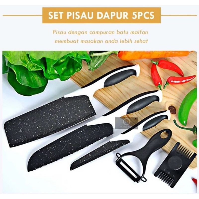 Pisau set 5pcs hitam - Pisau dapur j13 set 5pcs