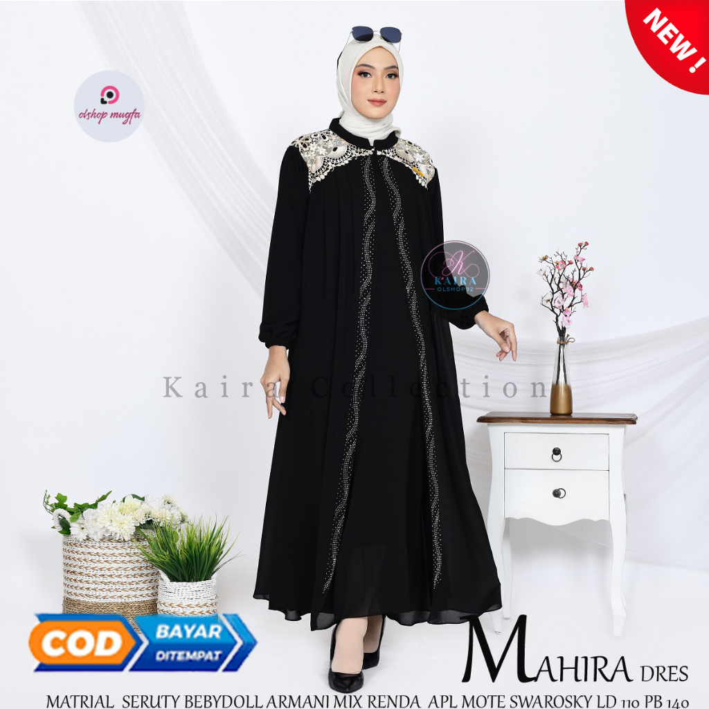 Mahira Dress Gamis Elegan Ceruty Armany Mix Renda AplMote Swarrosky LD 110 cm