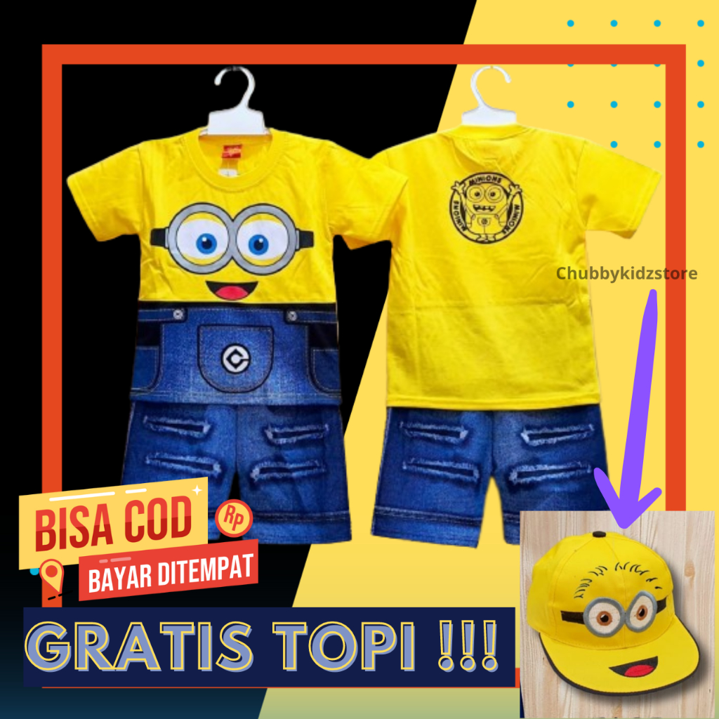 Baju Anak Setelan Pendek Motif Karakter Spongebob Lucu GRATIS TOPI usia 2 3 4 5 6 7 8 9 Dan 10 Tahun