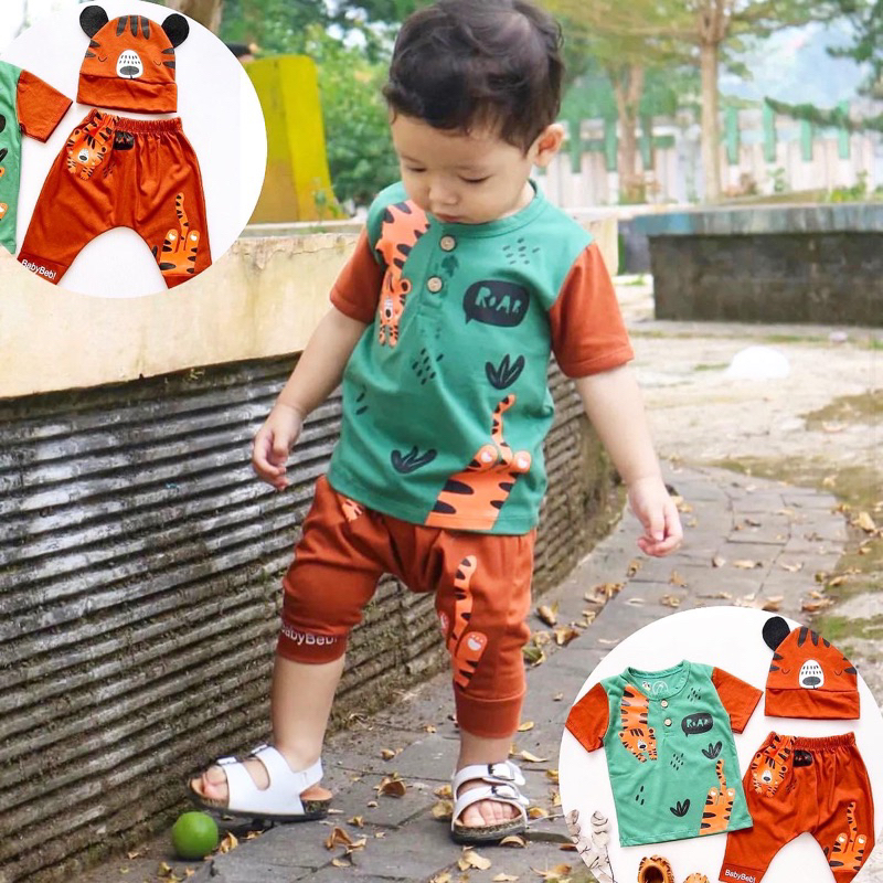 NEW COTTON BAMBOO Babybeb Baju Setelan Kaos Celana Pergi Jalan Lucu Fashion Anak Bayi Cowok Laki Murah SWIMMING WHALE classic fox kind tiger boho cars