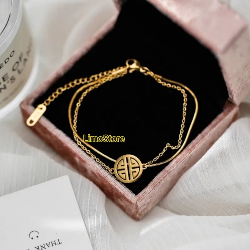 Gelang Titanium Wanita Bandul Koin Gold Fashion Wanita Terlaris Terbaru Anti Karat Selamanya Gelang 2 Layer Perhiasan Wanita Kekinian
