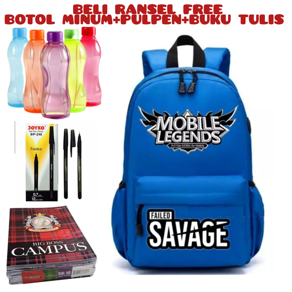 JS_ Beli 1 Dapat 4-Tas Sekolah MOBILE LEGENDS Anak Laki-Laki Anak Perempuan Backpack Sekolah Anak TK SD Beli Ransel Free Botol Minum+Pulpen+Buku Tulis