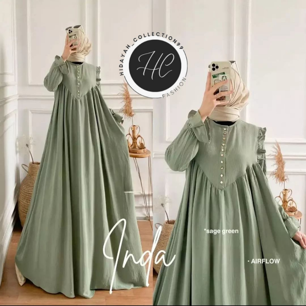 Gamis Sage Wanita Kekinian Indah Dress Simpel Motif Polos Terlaris 2023 Gamis Bahan Crinkle Model Casual OOTD Outfit Wanita Korean Style Fashion Wanita Muslimah Import