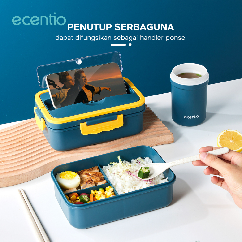 ecentio 1000ml lunch box set Jerami Gandum kotak makan/free Sendok&amp;Sumpit/300ml tempat Sup/Bekal Makanan