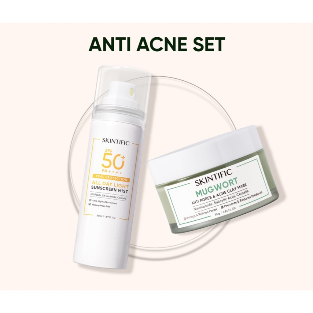 Skintific All Day Light Sunscreen Mist Sunscreen Spray 50ml + Mugwort Mask Anti Pores &amp; Acne Clay Mask 55g Mud Mask Masker Acne Komedo SPF50 PA++++ tabir surya wajah 100% Ori Skintific Skincare Sets Sunscreen Packet