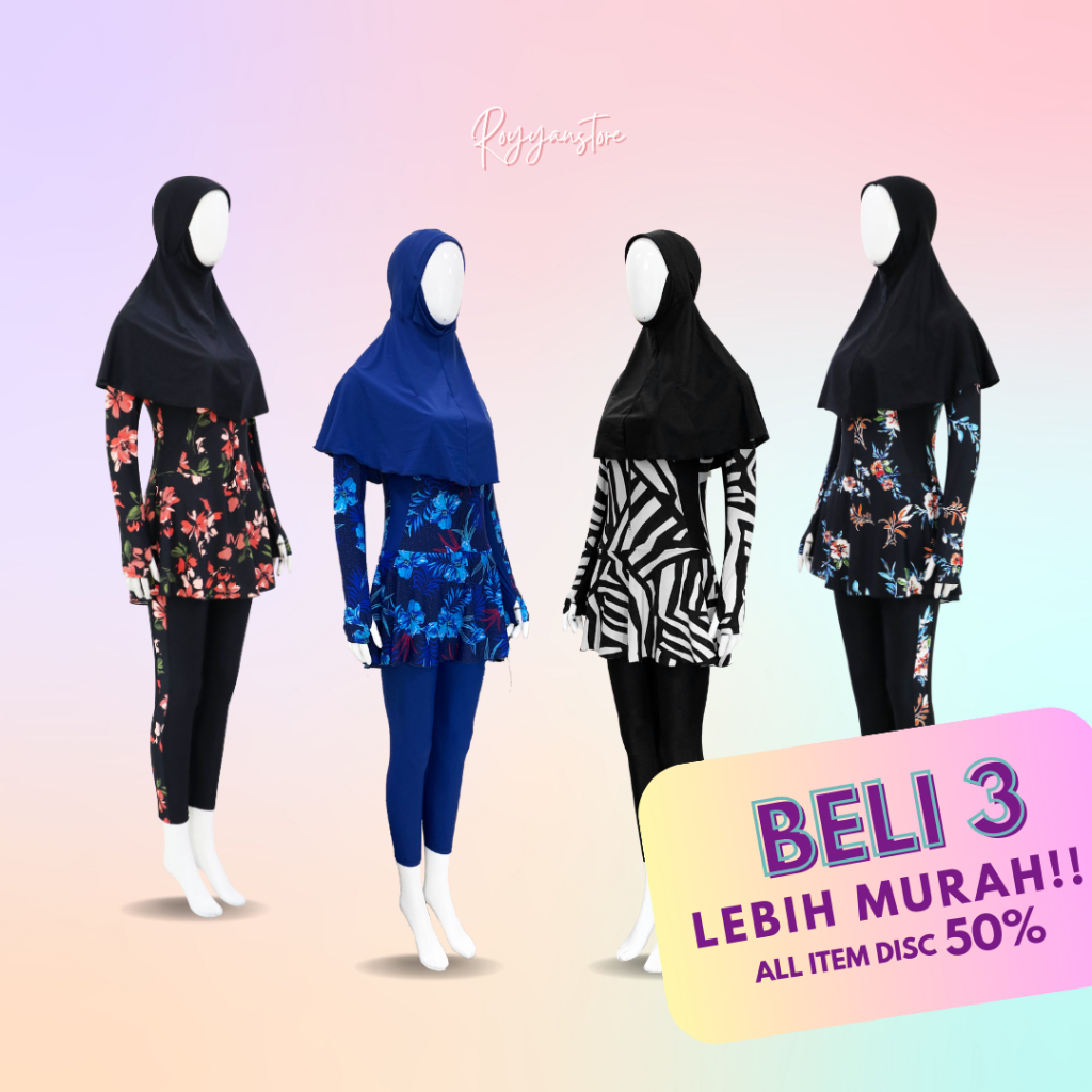 Baju Renang Wanita Muslim Dewasa Model Baru Polos dan Motif Jilbab Panjang