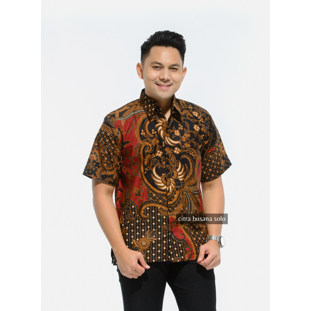 PRASTOWO MERAH PENDEK Kemeja Batik Pria Full Furing Bahan Katun Primisima