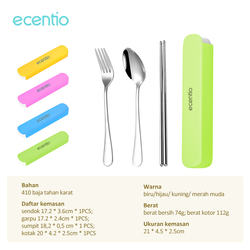 ecentio &amp; FOODI 3pcs Elegan Sumpit Sendok Set Alat Makan Sendok Portable Stainless Steel Cutlery Set Dengan Kotak