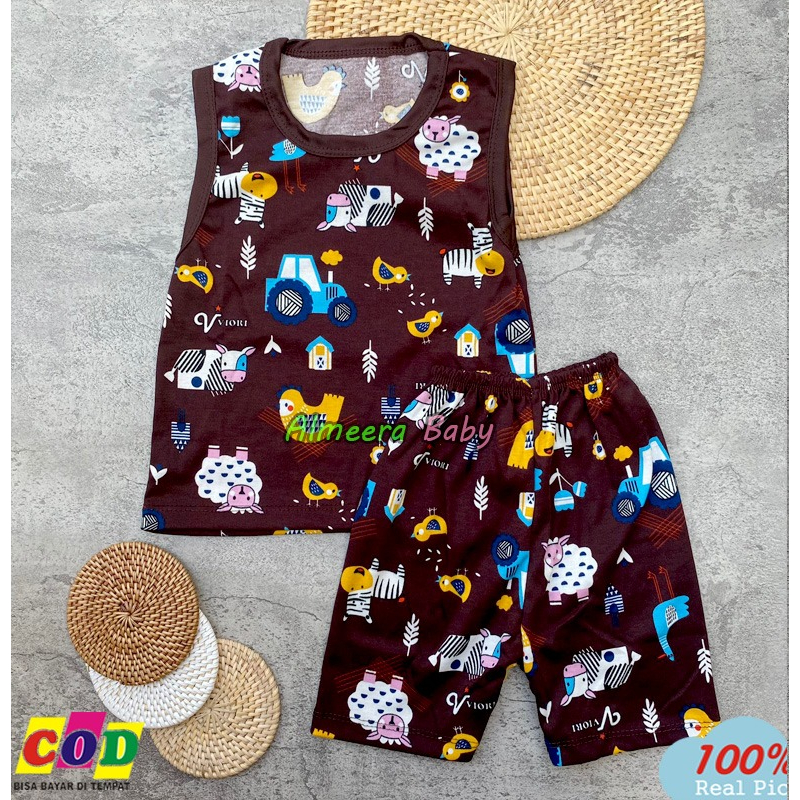 Setelan Baju Bayi Laki Laki Perempuan Setelan Singlet Celana Pendek Motif Printing Sheep Usia 3-12 Bulan Almeera Baby and Kids