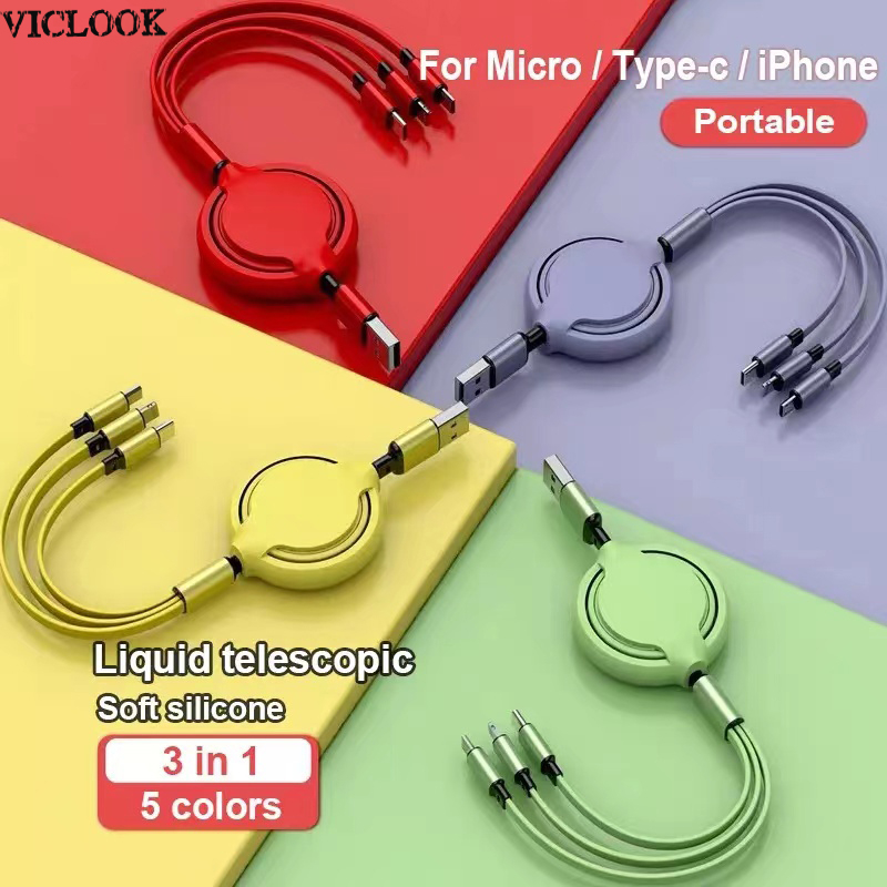 VICLOOK COD 3 in 1 Kabel USB Kabel Pengisian Cepat Kabel Data Silikon Cair Yang Dapat Ditarik Untuk Iphone Mikro Tipe-C