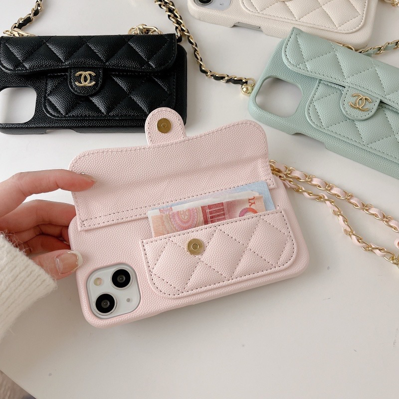 Tas Wanita Gaya Chanelly Mewah Macaron Soft Caviar Kulit iPhone Case Dengan Slot Kartu Untuk Iphone14 13 12 11 Pro Max Plus 14 Kulit Berat Casing Ponsel Sarung Telepon