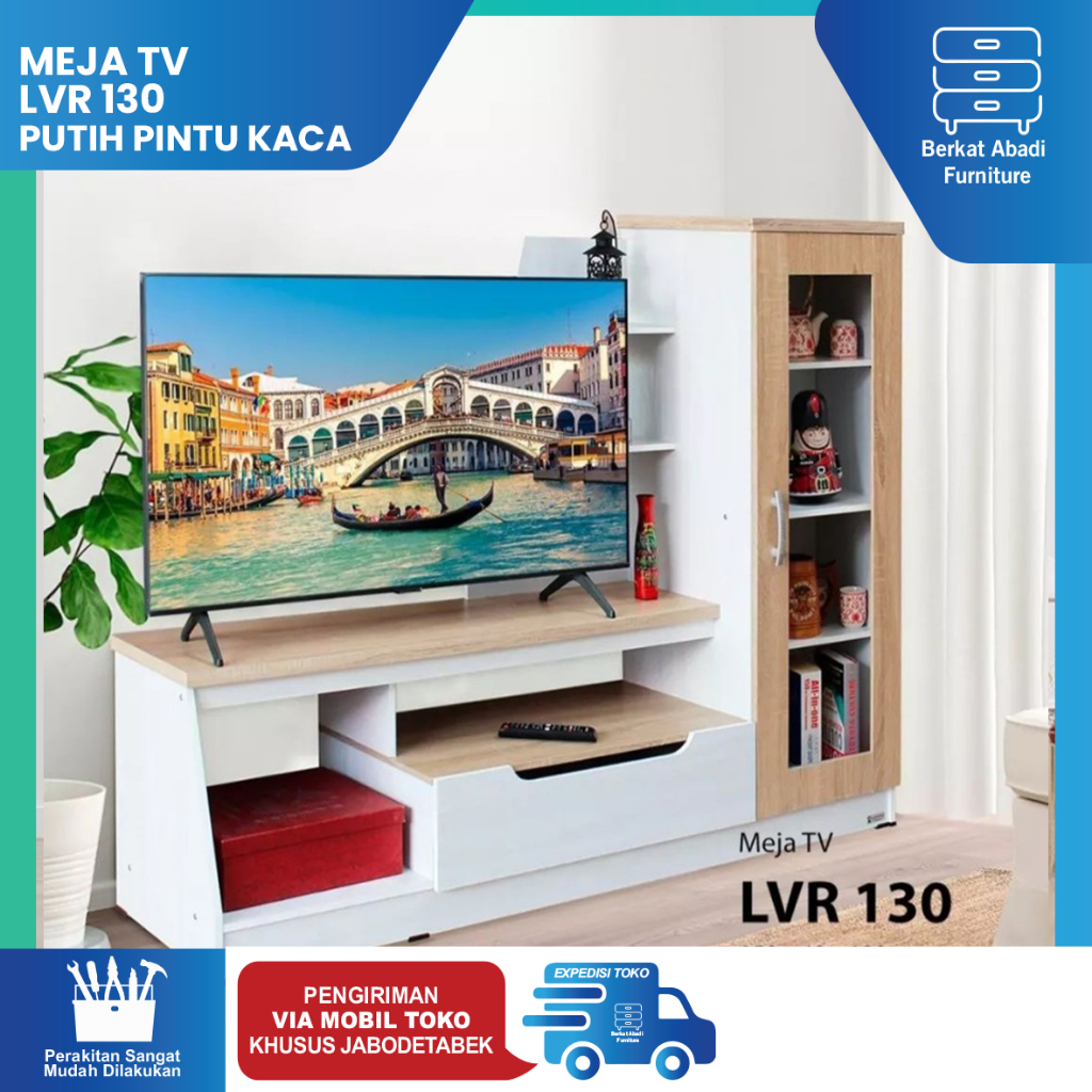 Meja TV Rak TV Lemari TV Minimalis Lunar LVR 130 Putih Pintu Kaca
