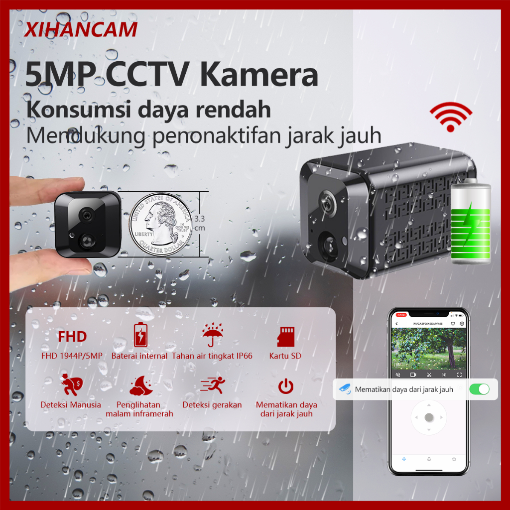 XIHANCAM 5MP Tahan Air Kamera CCTV Mini Tersembunyi Tanpa Kabel Baterai Internal Spy Camera Mini Wifi 1944P Wireless Portable Hidden Camera Cctv Wifi Mini Spy Cam CCTV Indoor Ip Camera Outdoor Security Kamera Kecil Pengintai Mini Spycam