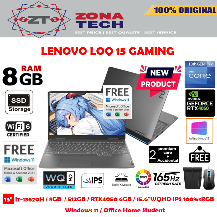 Lenovo LOQ Gaming - i7-13620H 8GB 512GB SSD RTX4050 6GB 15.6&quot;WQHD IPS 100%sRGB 165Hz W11 OHS