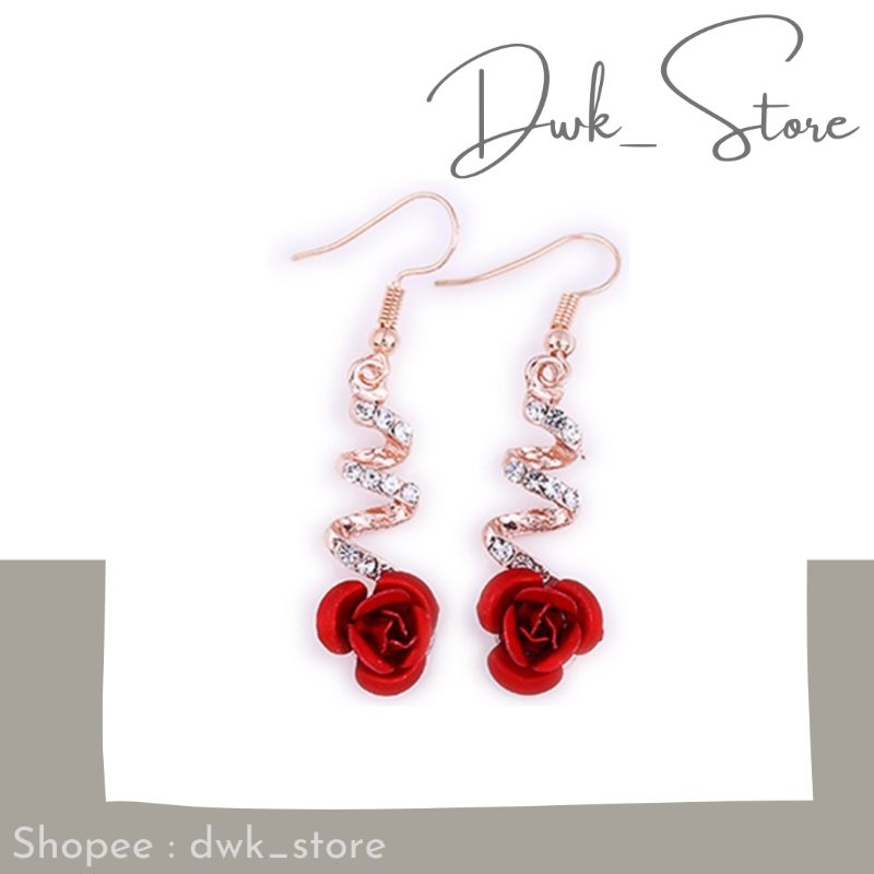 Anting Emas.Bunga Mawar Merah Spiral Batu Permata