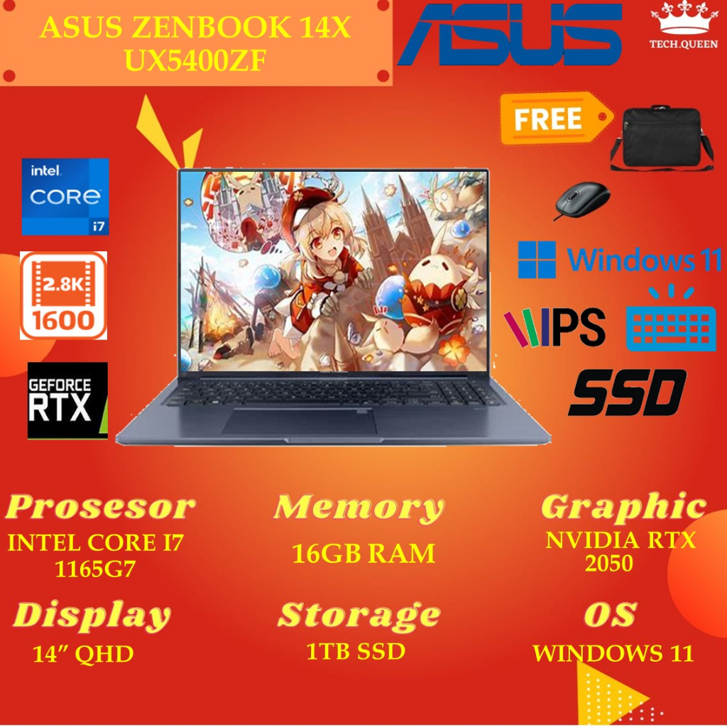 ASUS ZENBOOK 14X UX5400ZF OLED TOUCH - RTX2050 4GB I7 1260P 16GB 1TBSSD WINDOWS 11 14.0 INCHI QHD 2.8K