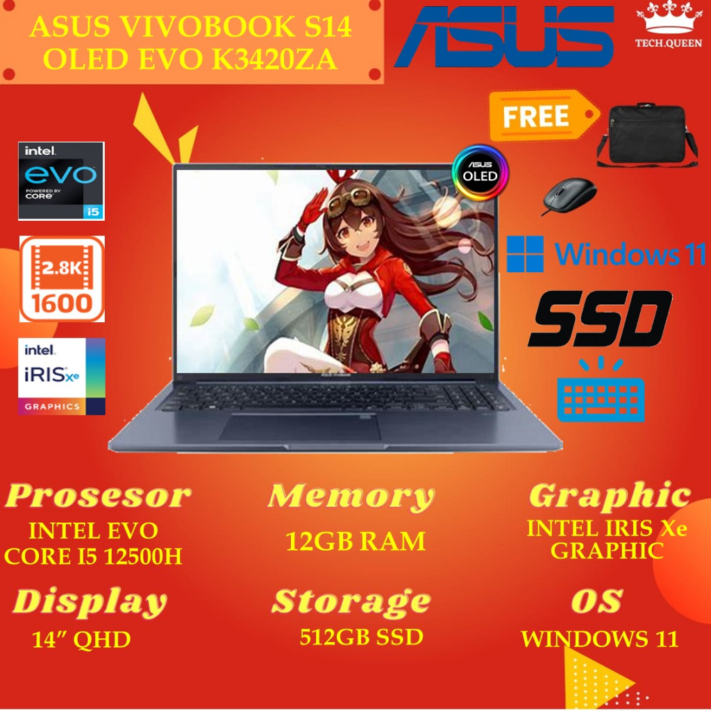 Asus Vivobook S14 OLED EVO K3402ZA OLEDS554 I5 12500H 12GB 512SSD IRISXE Windows 11+OHS 14.0 Inchi 2.8K