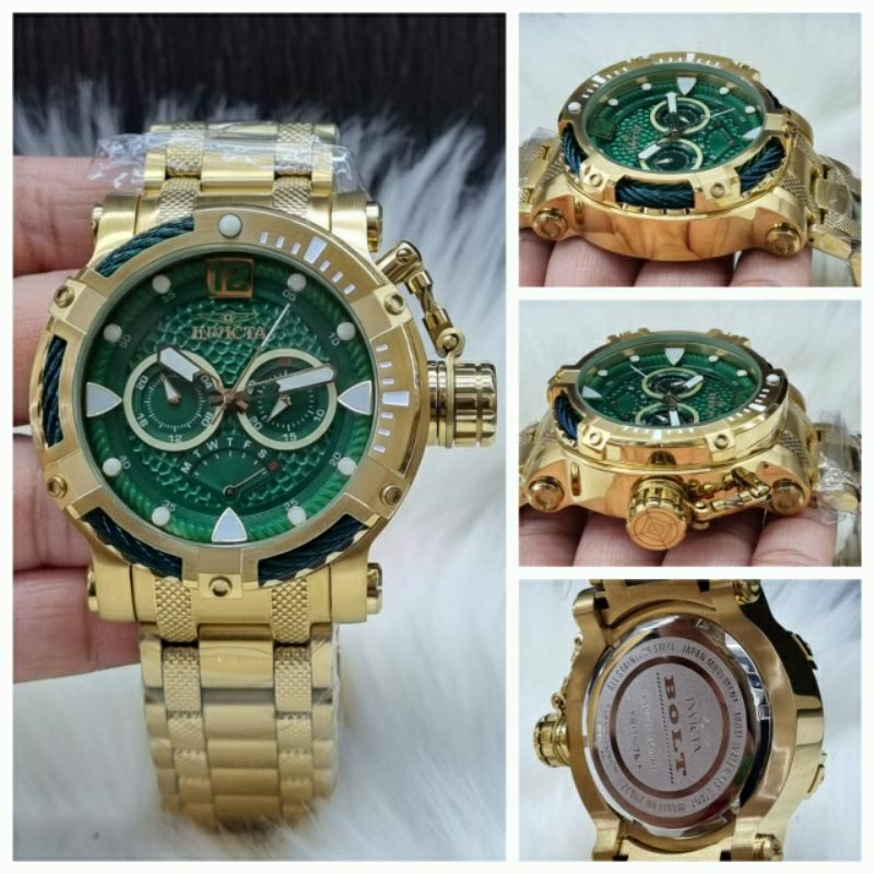 Jam Tangan Invicta Bolt Cronograp Super Premium Graden AAA Warna Gold Hijau