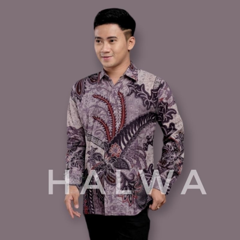 Kemeja batik pria lengan panjang terbaru warna ungu