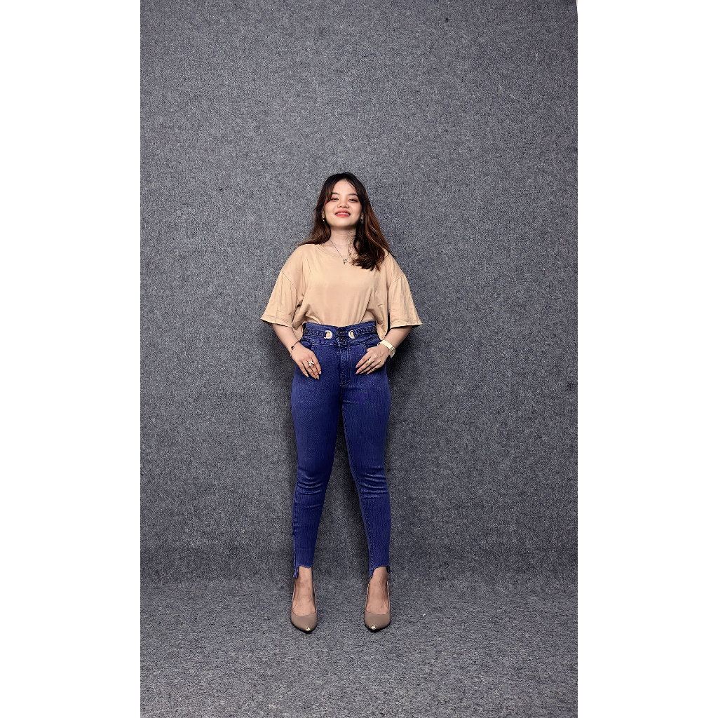 MCO - Celana Jeans wanita HW Skinny Kancing Motif Slimfit