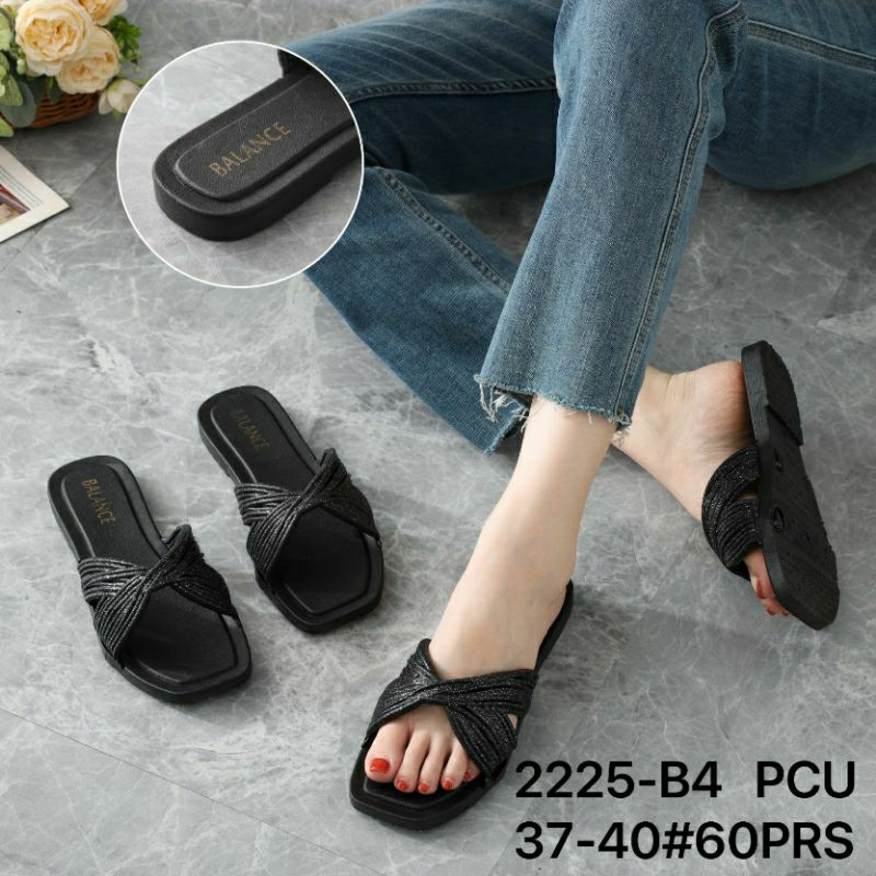 2225-4 Original Balance Sandal Selop Wanita Tali Silang Motif Tirai Karet Jelly Import Sendal Glitter Blink Cewek Slop Teplek Gliter Bahan PCU 2225-B4 2225 Sol Tipis Hitam Perempuan Impor Terbaru Nyaman Dipakai Murah