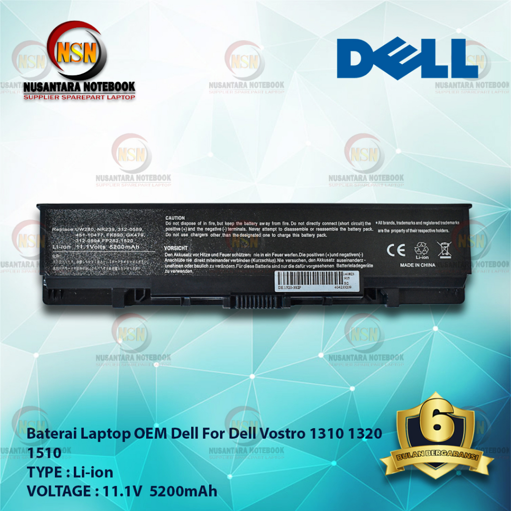 Baterai Dell OEM Vostro Inspiron 1310 1320 1520 Series 11.1V 5200mAh