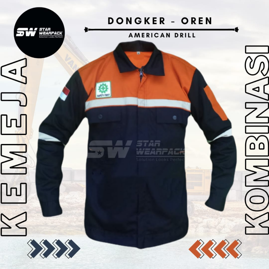 Star wearpack - Kemeja Kerja Proyek Lengan Panjang Warna Dongker Kombinasi Oren