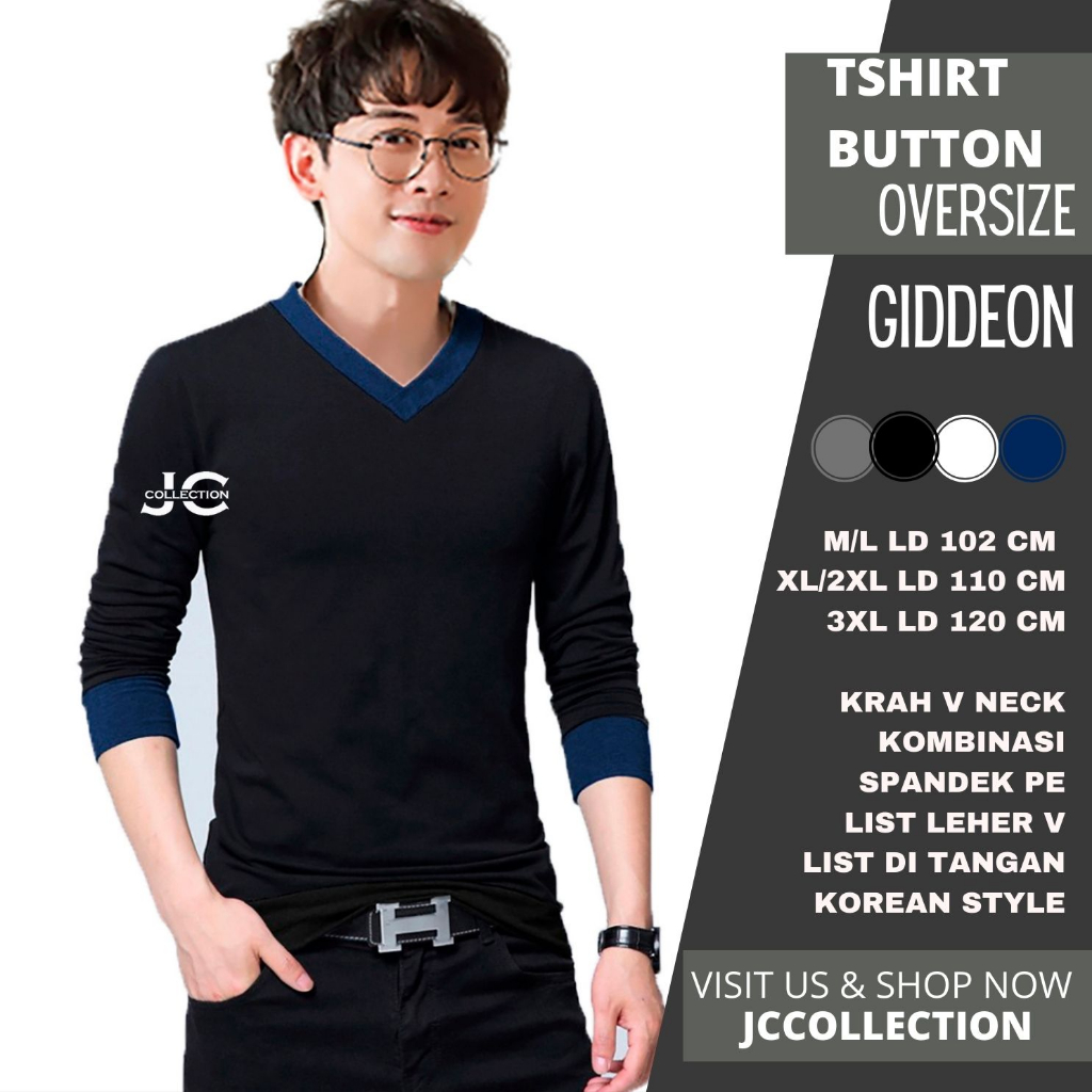 Kaos Pria Polos leher V Lengan Panjang Pria Gaya Korea Liyonell  / Tshirt Kaos Cowok V Neck JCCollections