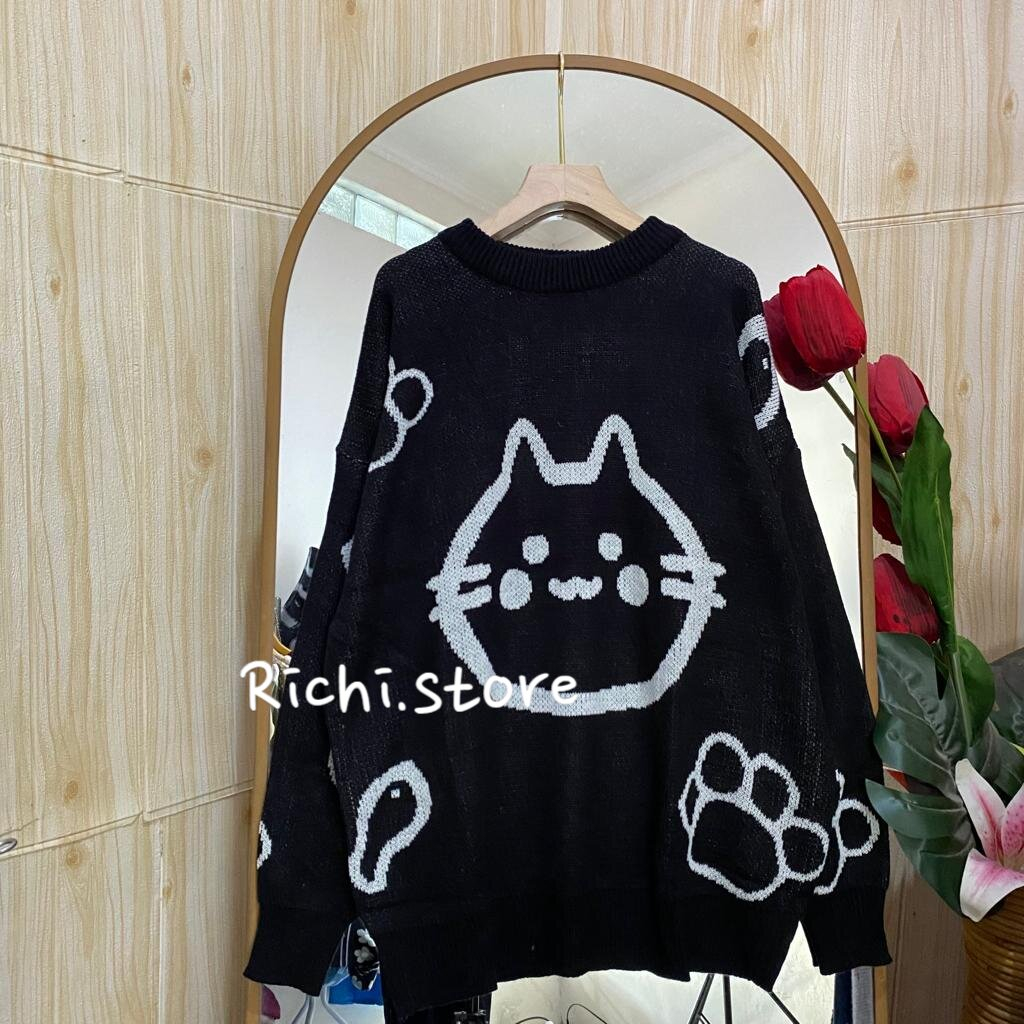 Caitlin oversize sweater rajut korean style motif kucing