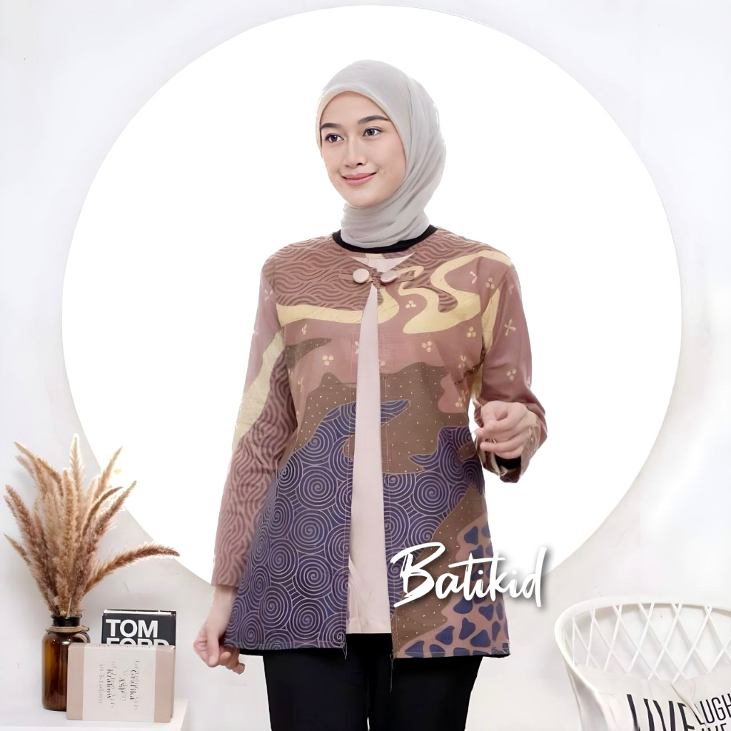 Batikid - Atasan Batik Wanita Kekinian - Blouse Bolero Kombinasi - Viona Latte