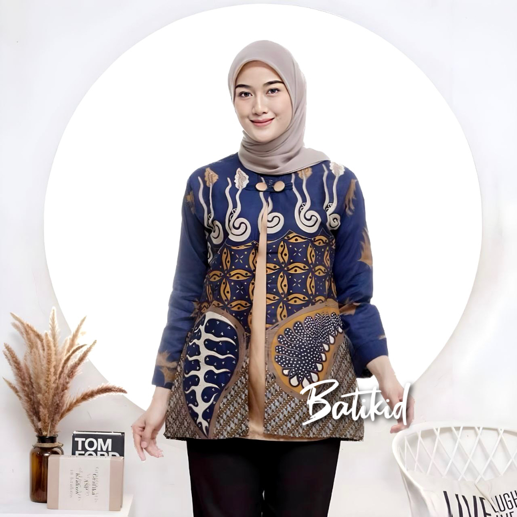 Batikid - Atasan Batik Wanita Kekinian - Blouse Bolero Kombinasi - Melody Navy