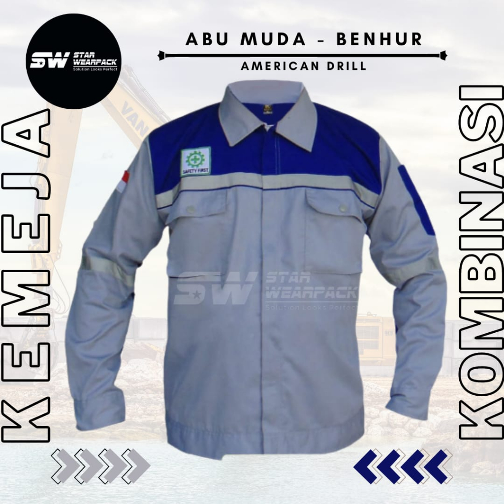 Star Wearpack - Baju Seragam Kerja Warna Abu Muda Kombinasi Benhur