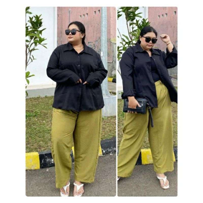 Celana Kulot Crinkle Airflow JUMBO XXL Flowy Jatuh Premium Highwaist Wanita Loose Cullote Pants 3412