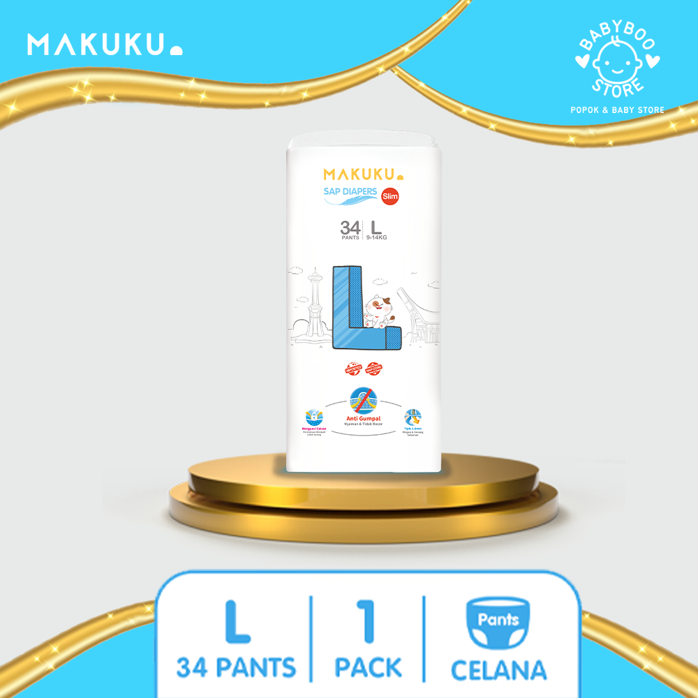 MAKUKU SAP Diapers Slim Pants L34 Popok Bayi Celana Tipis Anti Gumpal Cepat Kering dan Mencegah Ruam