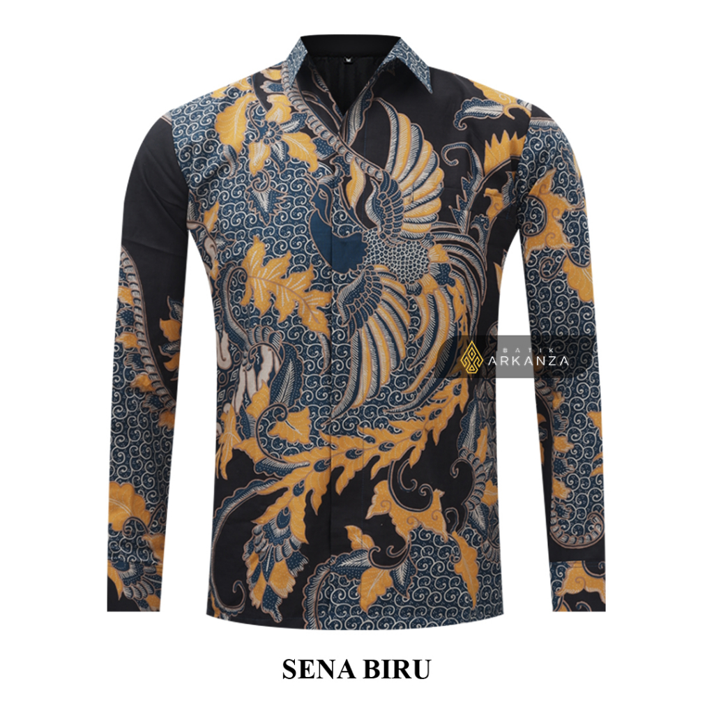 BATIK ARKANZA Motif SENA BIRU Hem Atasan Kemeja Baju Batik Pria Cowok Laki Laki Slimfit Full Lapis Furing Lengan Panjang Lengan Pendek Original Asli