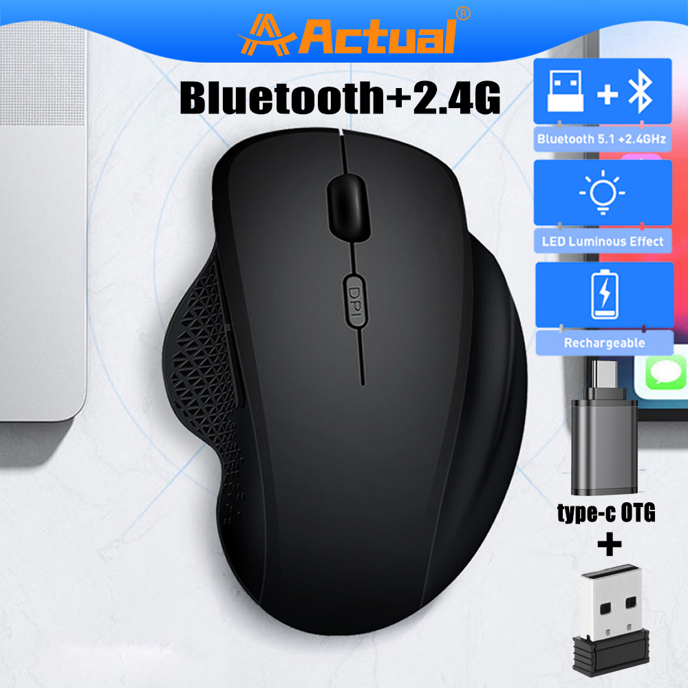 Actual 【COD】Wireless Mouse Rechargeable 2.4G Bluetooth USB Office Mute Gaming Mouse Support PC Laptop Tablet Mobile Phone With Type-C Adapter