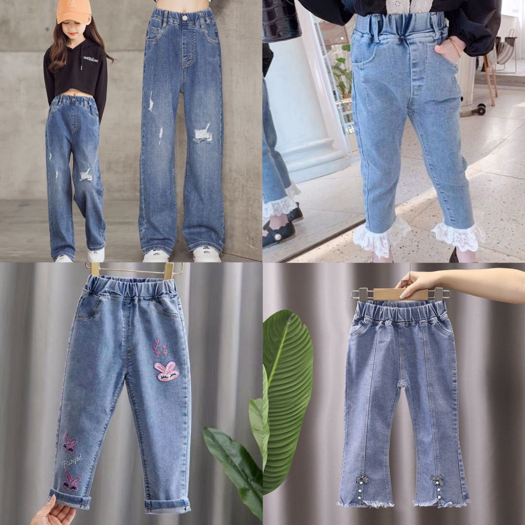 Celana Jeans Anak Perempuan Import  Premium Celana Panjang Anak Cewe Motif Renda Pita Mutiara