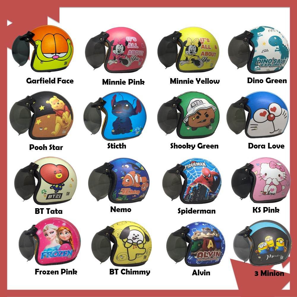 Helm Retro Bogo Anak Full Kulit Printing KIDS Motif Karakter Murah