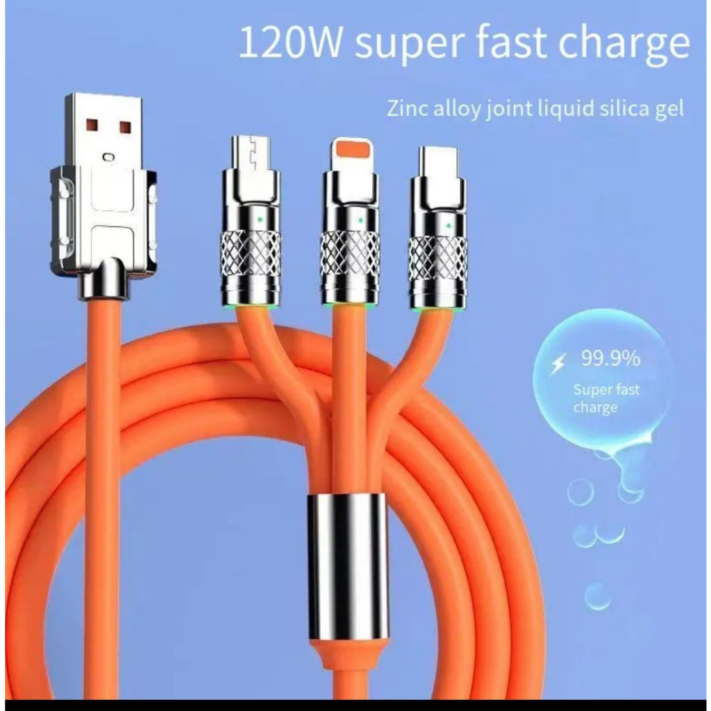 KABEL DATA 120watt 3in1 (MICRO/V8 , TYPE C, IPHONE) + packing import