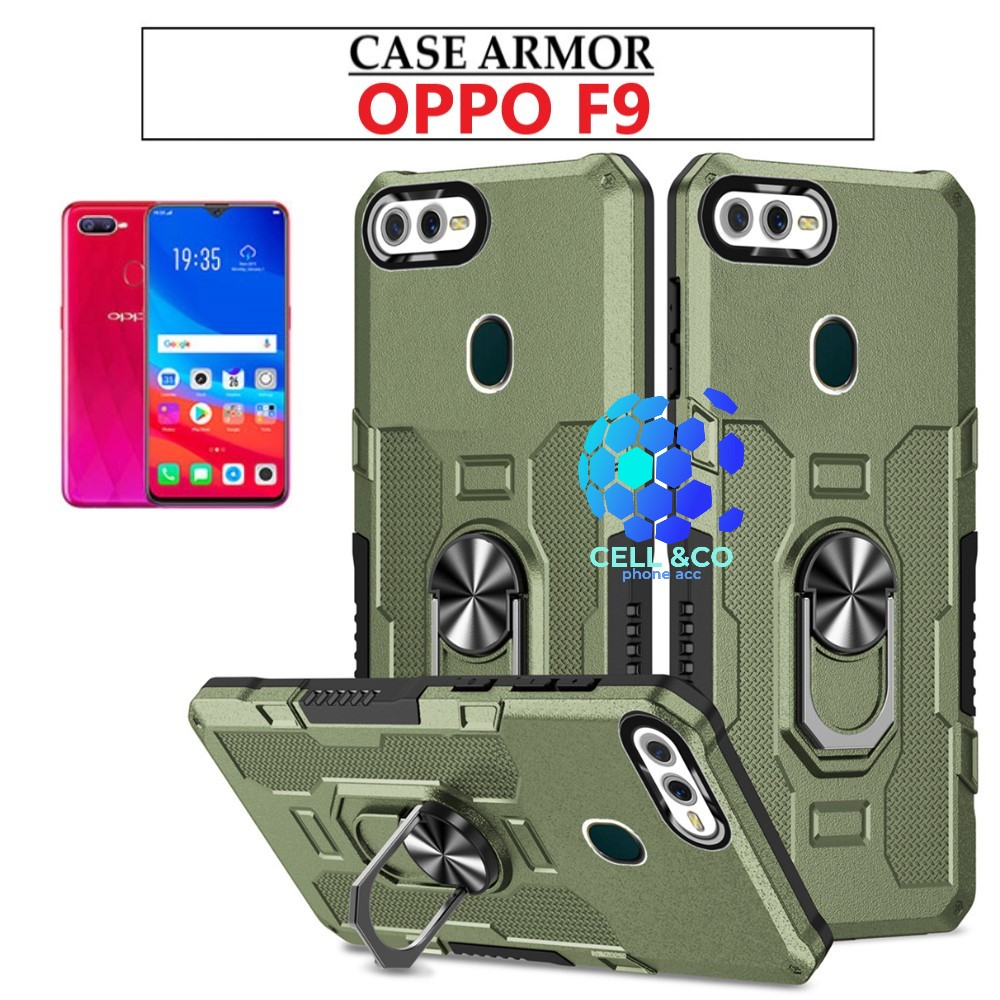 Case Armor OPPO F9 Iring Cincin Magnetic Kesing Hp Protect kamera Premium Hard Case Standing Robot Pelindung Kamera