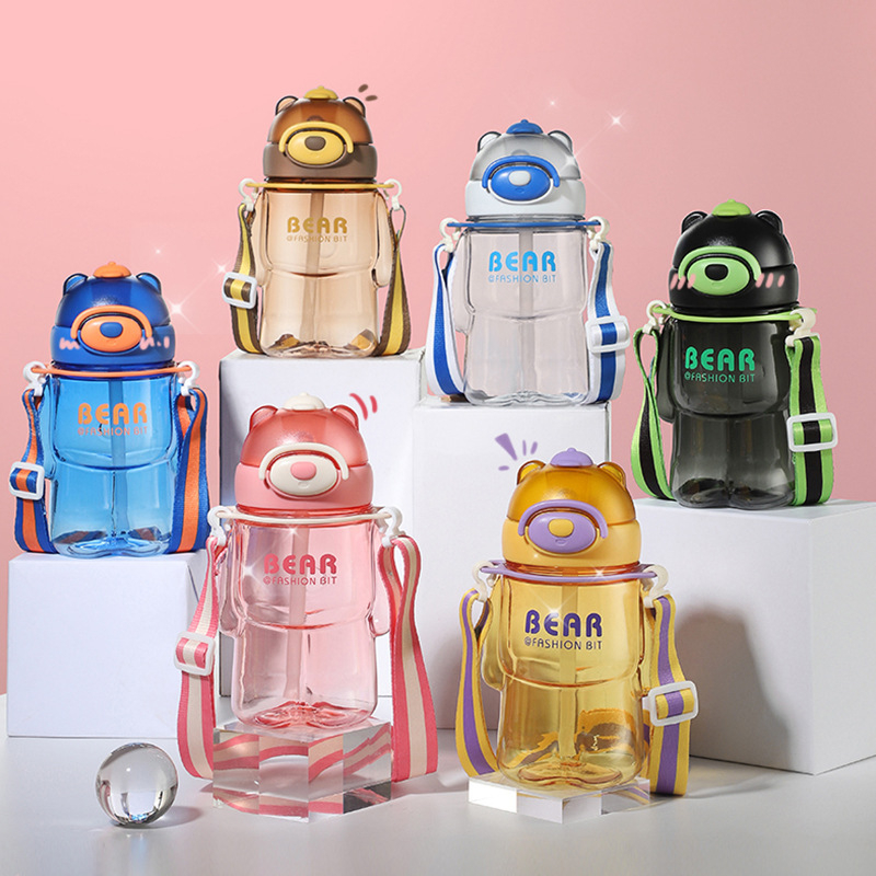 Botol Minum 3D Anak Bentuk Beruang 800ML - Botol Minum Animal Tali dan Sedotan Silikon Portable